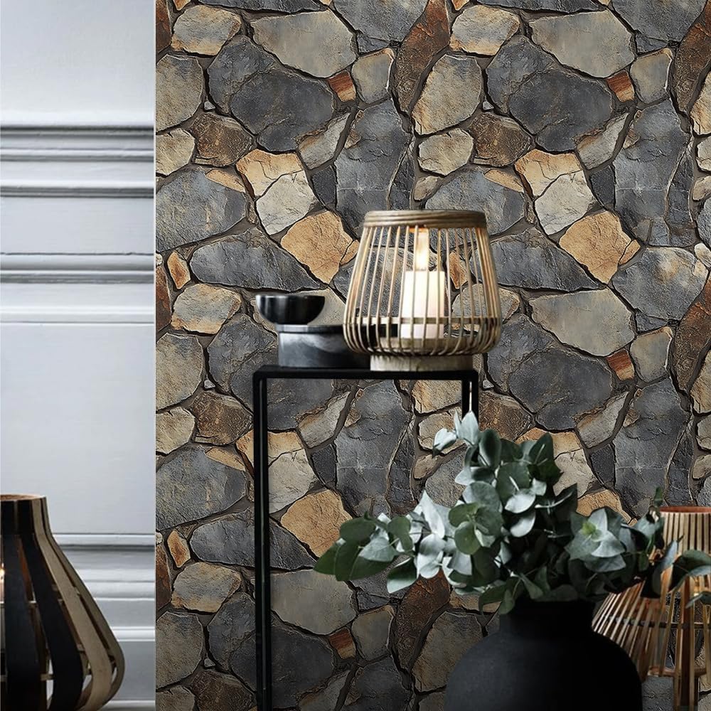 18"x236" Texture Vintage Grey Brown Stone Rocks Peel and Stick Wallpaper Easy Peel Off Contact Paper Vintage Vinyl Self Adhesive Removable Stick on Wall Paper for Kitchen Cabinet Renter Friendly