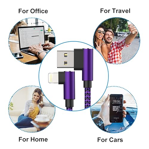 Miniatura 5 de Cable de carga para iPhone, cable Lightning en ángulo recto, paquete de 2 cables de carga trenzada de nailon de 90 grados y 10 pies, de carga