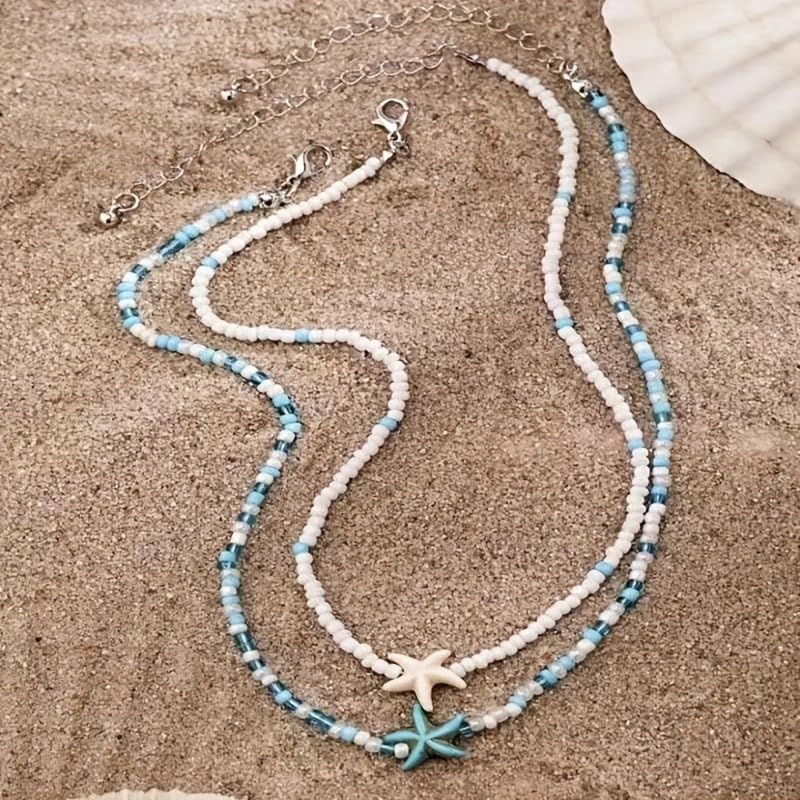 Colorful Beaded Choker Necklace for Women Bohemian Starfish Turtle Shell Layered Necklace Handmade Adjustable Colorful Rice Beads Charm Choker Necklace Boho Beach Summer Ocean Hawaii Jewelry - Image 2