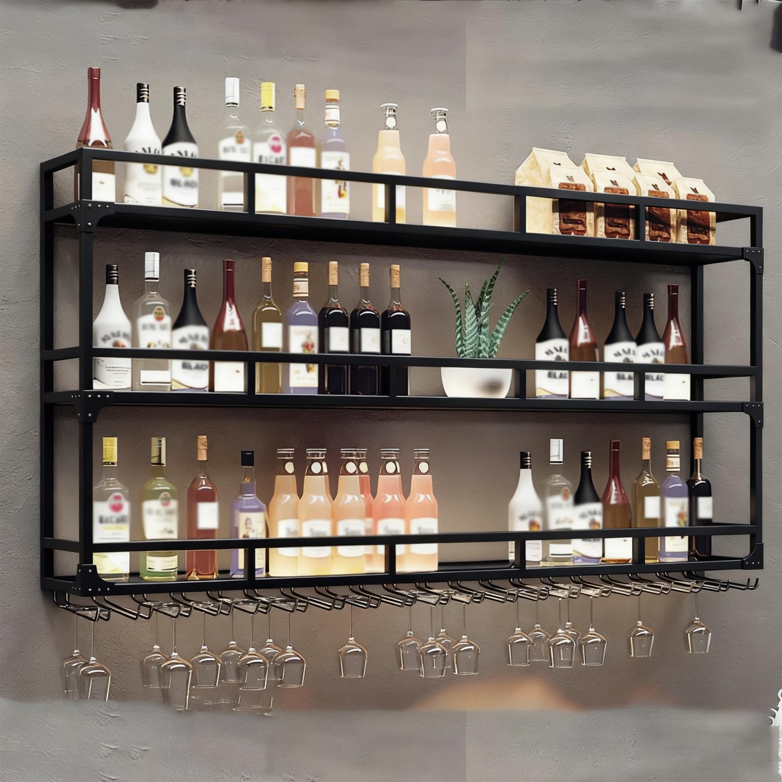 Weinregal Wand, 3 Ebenen Wand-Weinregale mit Glashalter, Multi funktionaler Weinpareite Display Rack,Weinflaschenhalter Wandmontage, für Zuhause, Bar, Küche, Restaurant (BLACK, 150*25*90cm)