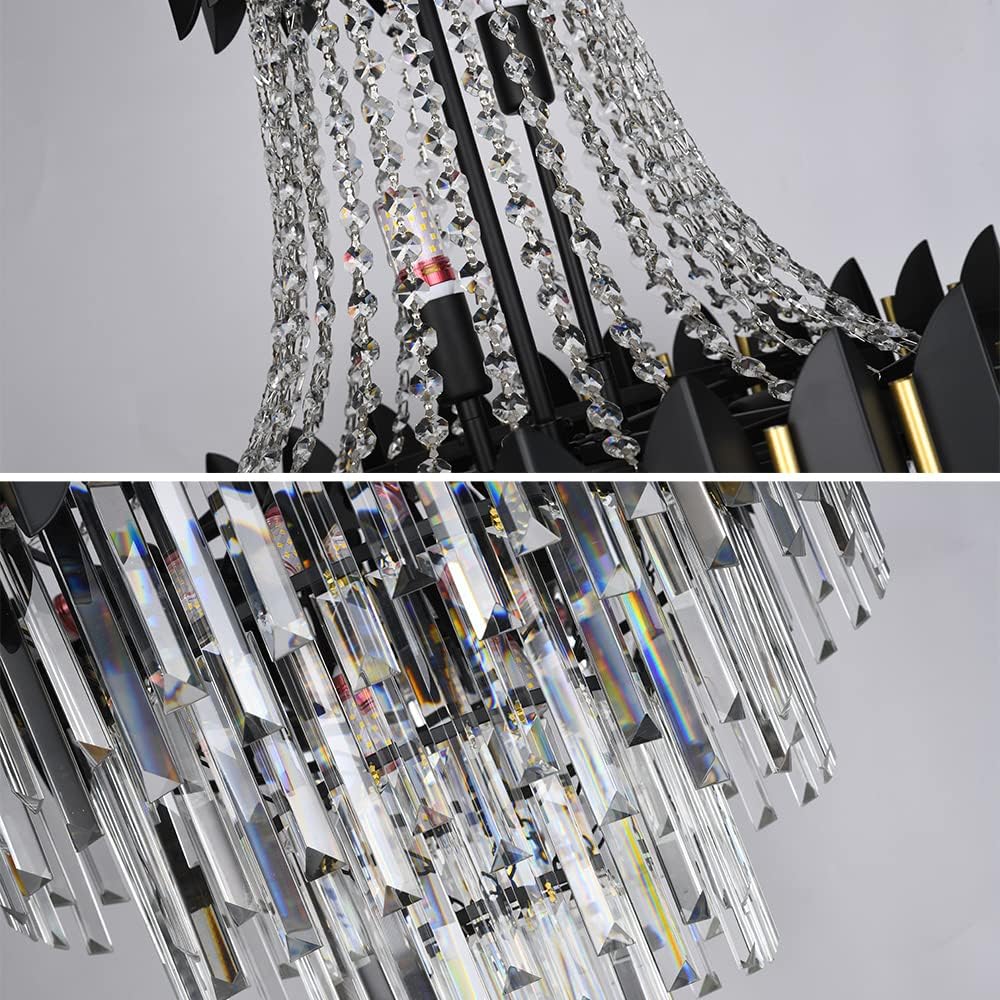 Luxury Modern Crystal Chandelier K9 Raindrop Crystal Chandelier Black Finish 7-Tier Crystal Pendant Ceiling Light Fixture for Dining Room Living Room Foyer Hallway (D40in-31 Lights)