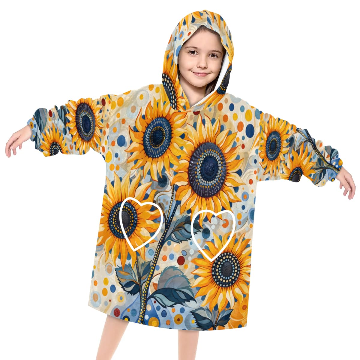 Pardick Wearable Blanket Hoodie for Kids, Cute Sunflowers Fleece Sweatshirt Blanket Oversized Blanket Sweatshirt with Pocket Flannel Warm Hooded Blanket 6-10 Year Old Girl Boy Gift, One Size