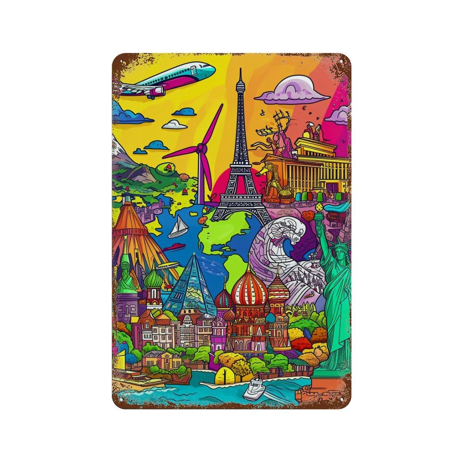 Global Travel Dreamscape Weathered Tin Sign 11.8"x7.9", Retro Wall Decor for Pub, Kitchen And Man Cave Decor