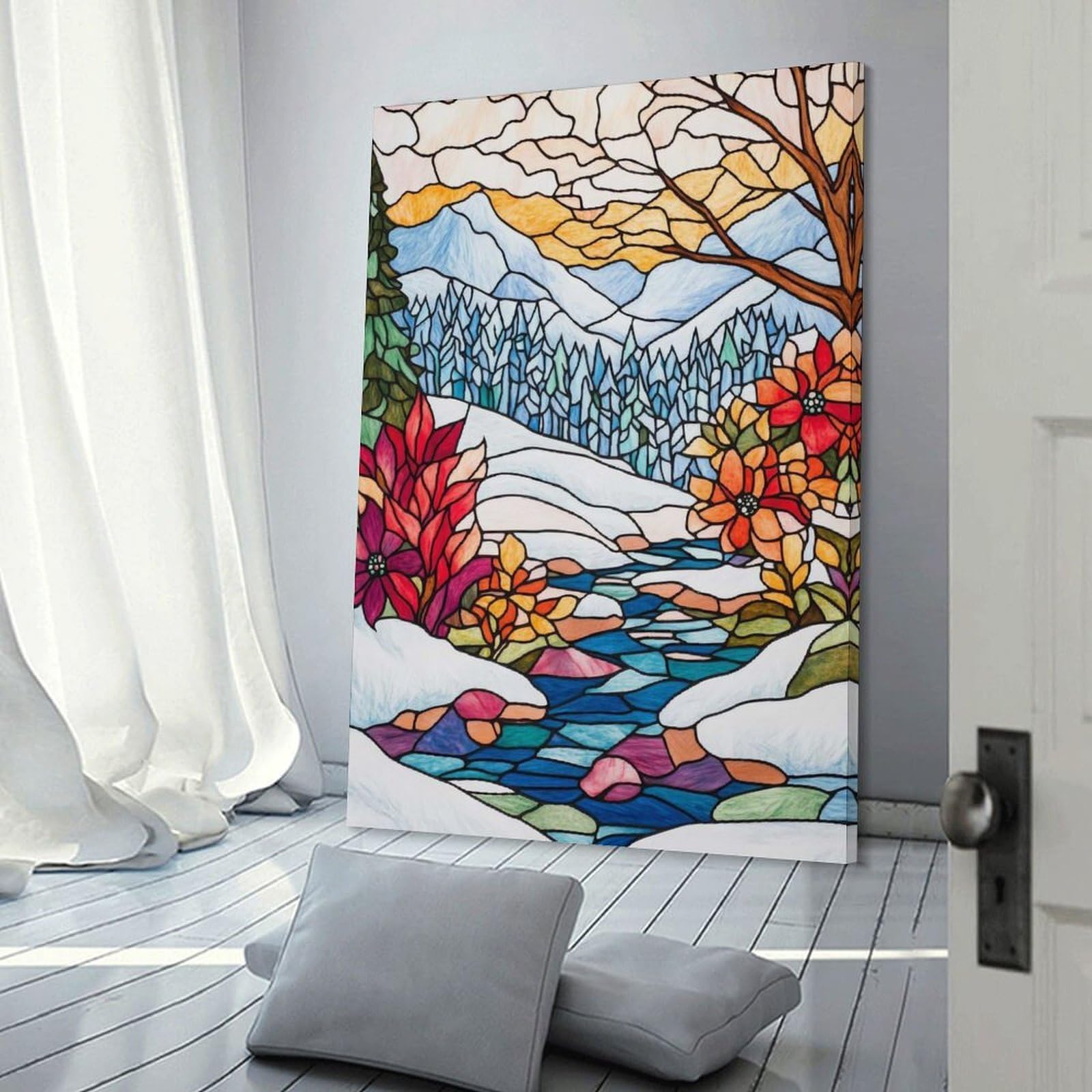 Junmoney Frame-Style-3 Decorative Wall Artwork Stained Glass Winter Scene, 24X36inch(60X90cm), For Sofa Walls, Lounge Or Home Corners, Modern Wall Decor For Cosy Interiors