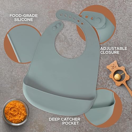 Miniatura 3 de Baberos de silicona para bebés, babero impermeable sin BPA con bolsillo, apto para lavavajillas con recogedor de alimentos