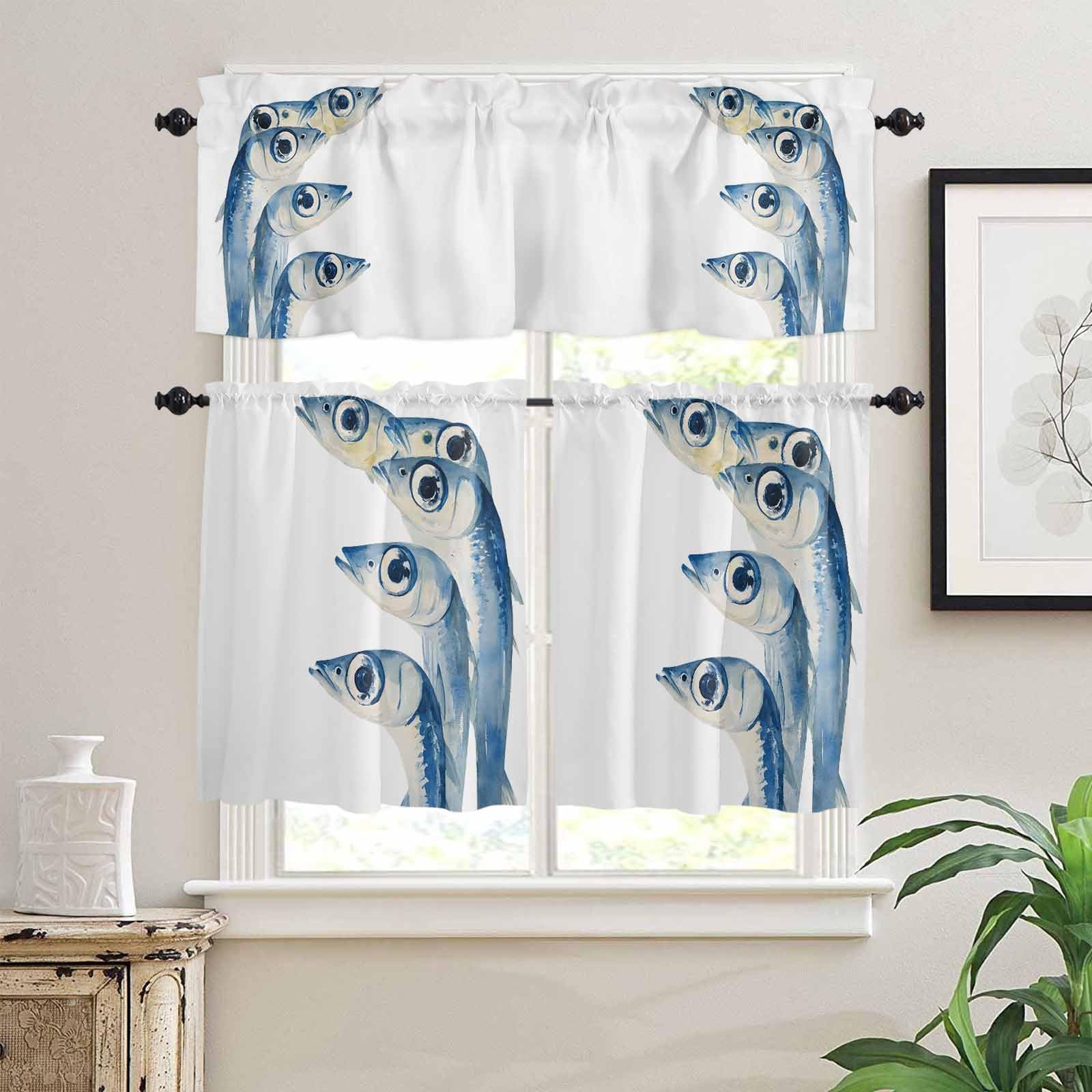Blue Fish Kitchen Curtains 36 Inch Length, 3 Piece Rod Pocket Small Half Tiers and Valance Set, Coastal Ocean Animal Watercolor White Small Large Window Treatment Decor for Bedroom/Bathroom Sink