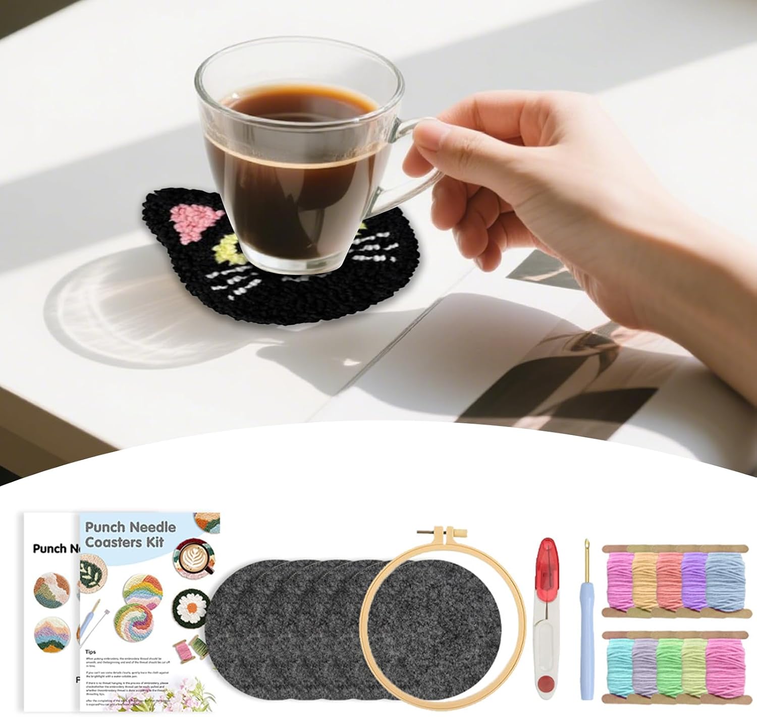 Nuytghr Punch Needle Coaster Kit, Embroidery Stitching Set, Craft Supplies, 3.94 Inches, Portable Yarn Hoop Design, for Adults Beginners Kids Functional Home Art Projects Travel Use