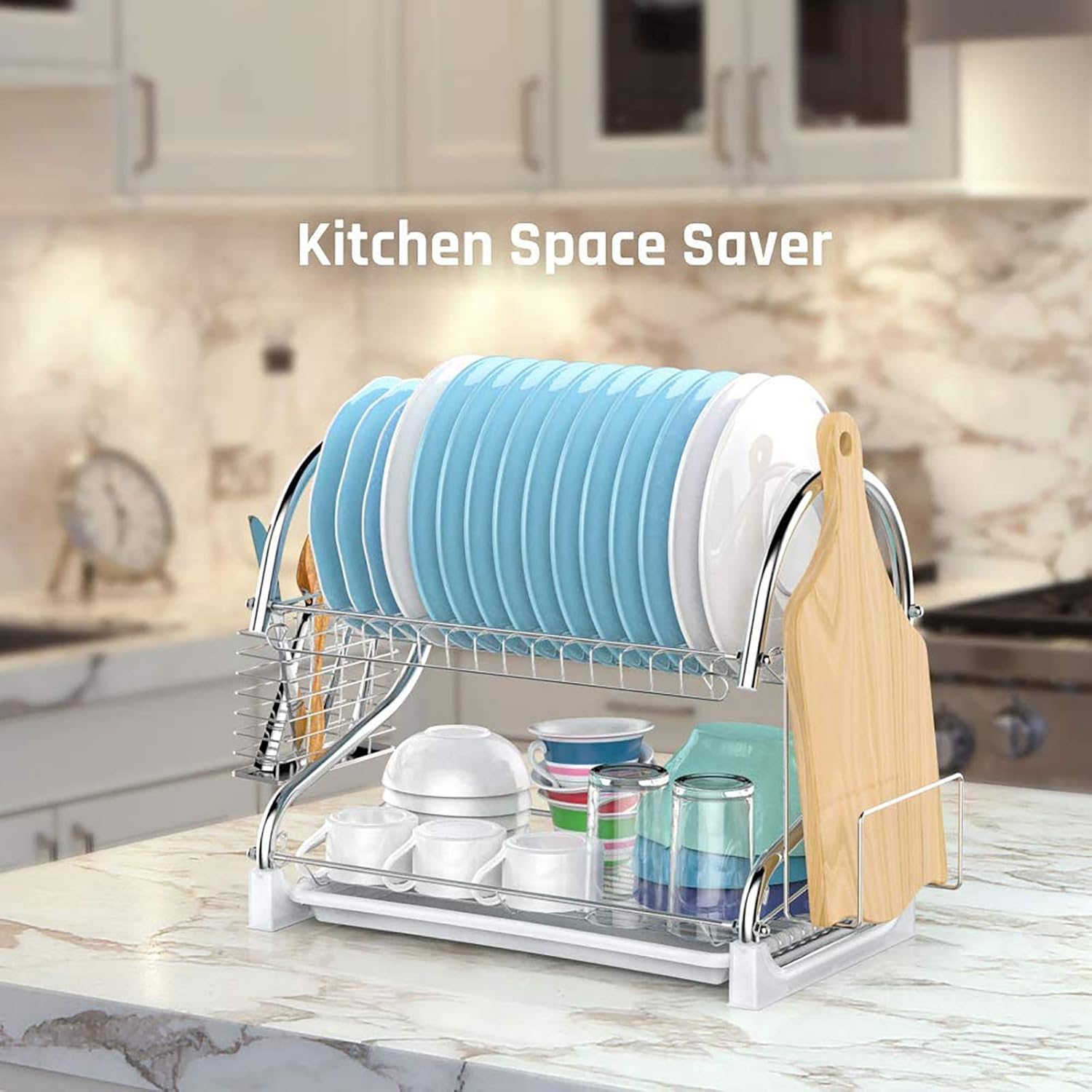 Cambond Dish Rack, 2 Tier Dish Drying Rack with Drain Board, Utensil Holder, Cutting Board Holder, Rustproof Dish Drainer for Kitchen Countertop