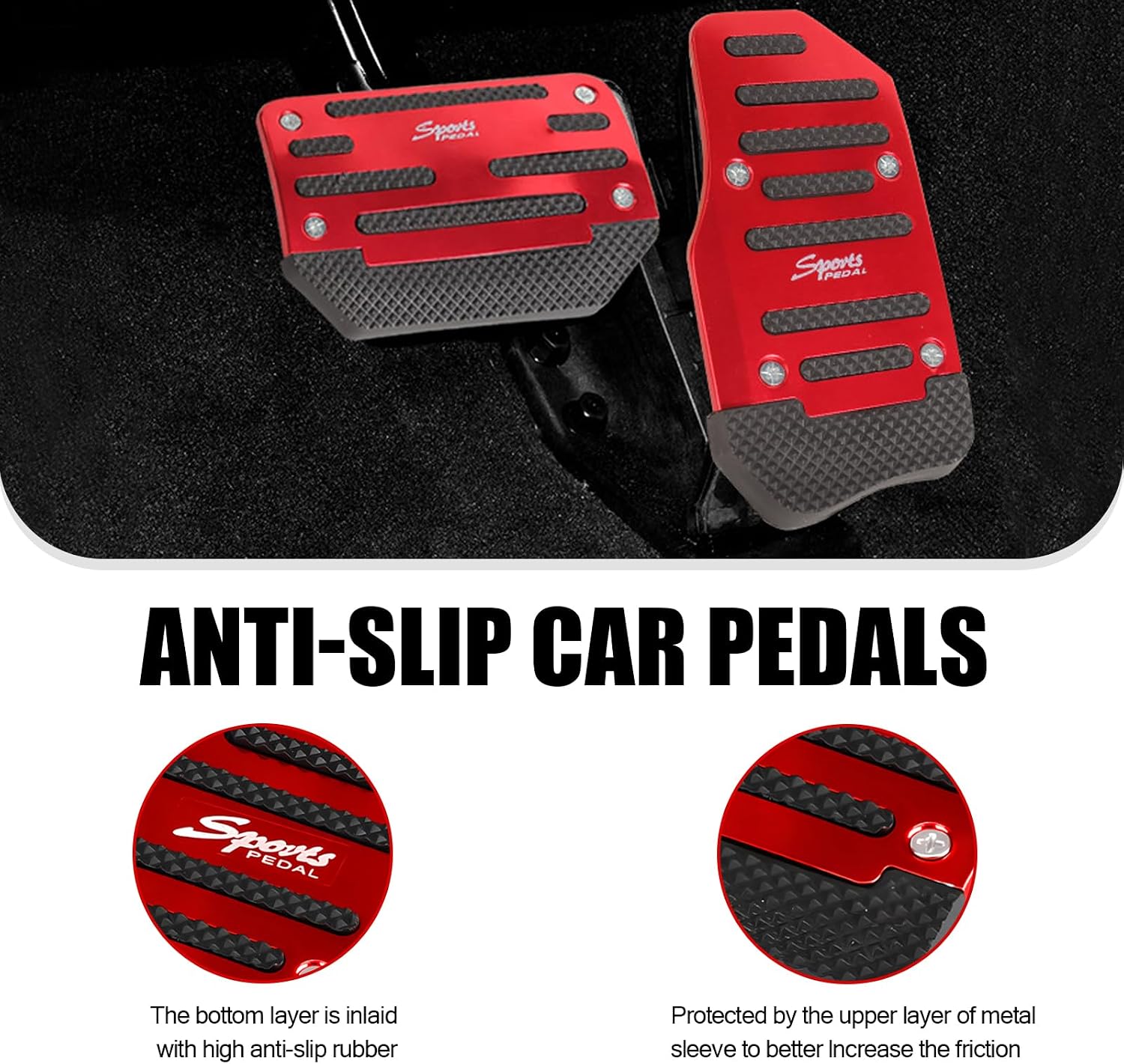 Pack-2 Car Foot Pedals, Brake + Throttle Upgraded Anti-Slip Rubber Strip Foot Pedal Cover Kit, No Drilling Required Alloy Sports Trim, Universal for Automatic Transmission Cars (Red & Black) image 3