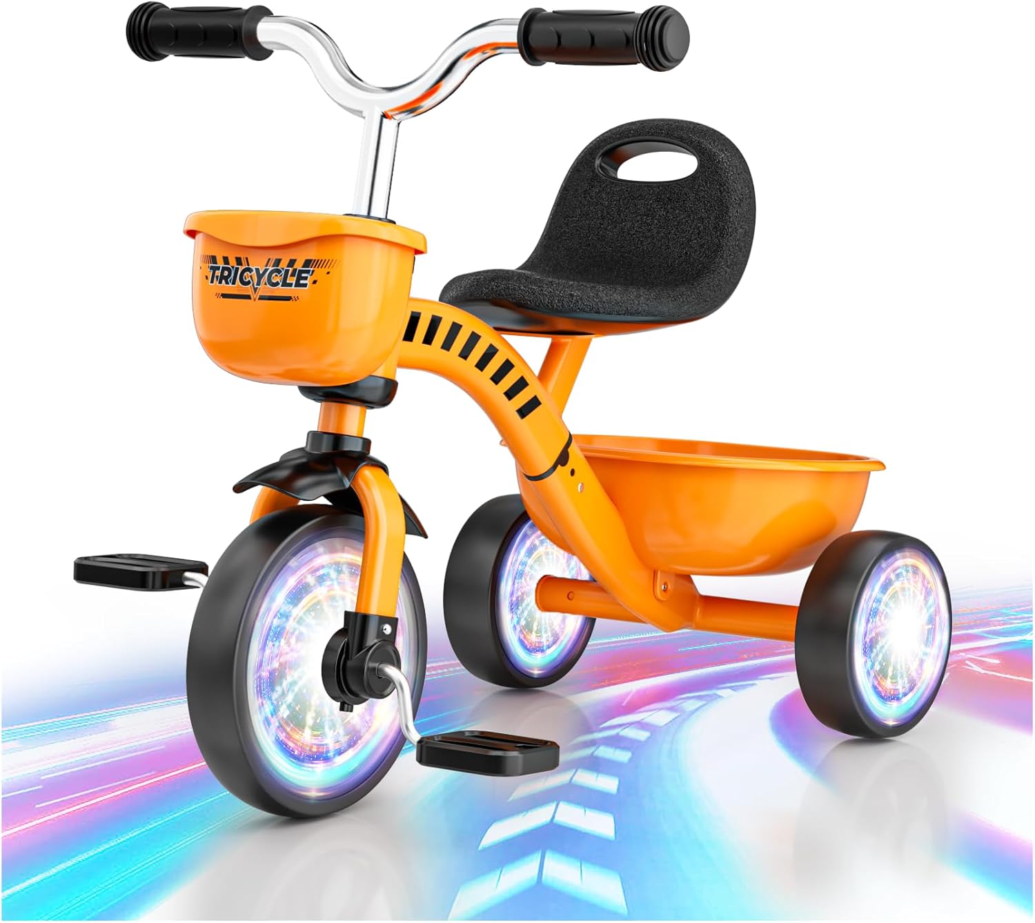 Tricycle for Toddlers 1-3 3-5 Year Olds, Construction Vehicle Toys Road Set Toddler Baby Balance Bike with Colorful Lighting Wheels & Large Basket, Birthday Gift and Toy for 1 2 3 4 5 Year Olds Boys
