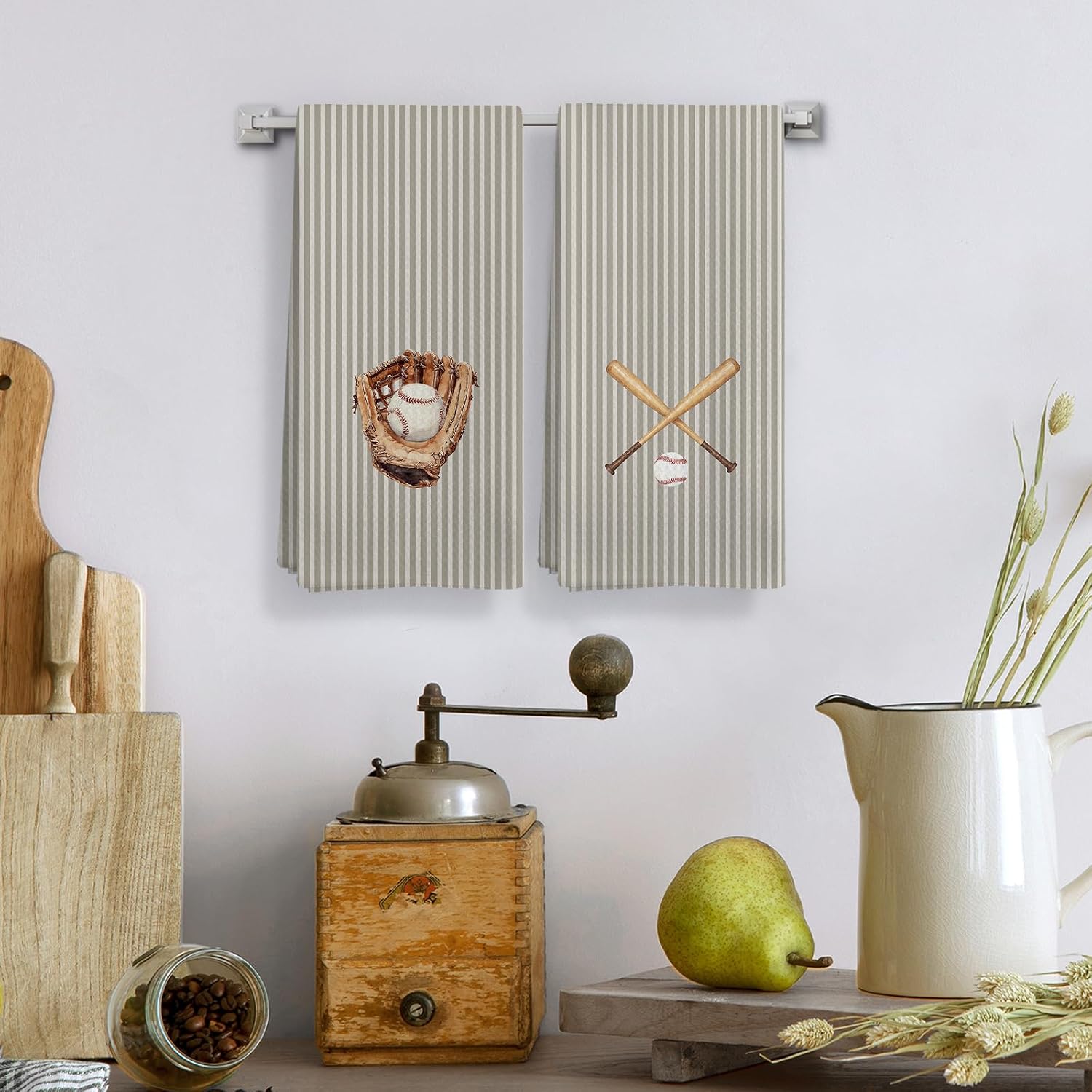 Baseball Sports Striped Kitchen Dish Towels Hand Towel 16X24 Set of 2 image 2