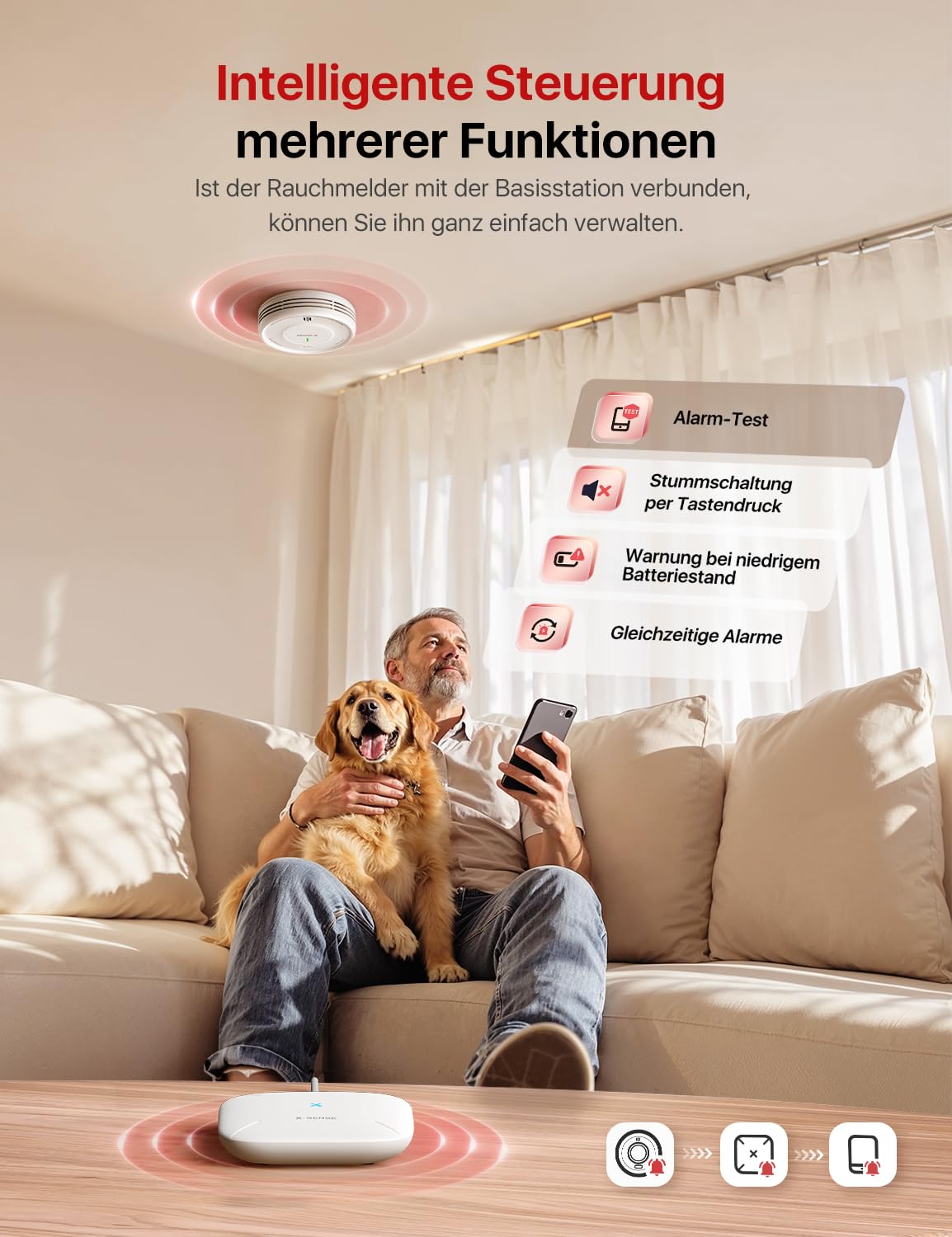 X-Sense Smart Rauchmelder WLAN mit Magnethalterung, vernetzter Feuermelder mit Basisstation SBS50, App-Funktion, Home-Assistant-kompatibel, austauschbare Batterie, XS0D-MR61
