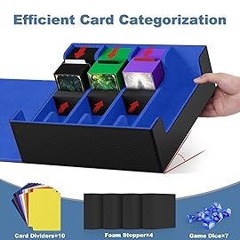 Mlikero Card Deck Case, 2400+ Trading Card Storage Box with 10 Colorful Dividers and 4 Foam Stoppers, Leather Magnetic Closure Commander Deck Box Fit for MTG, TCG (4 Rows, Black&Blue)