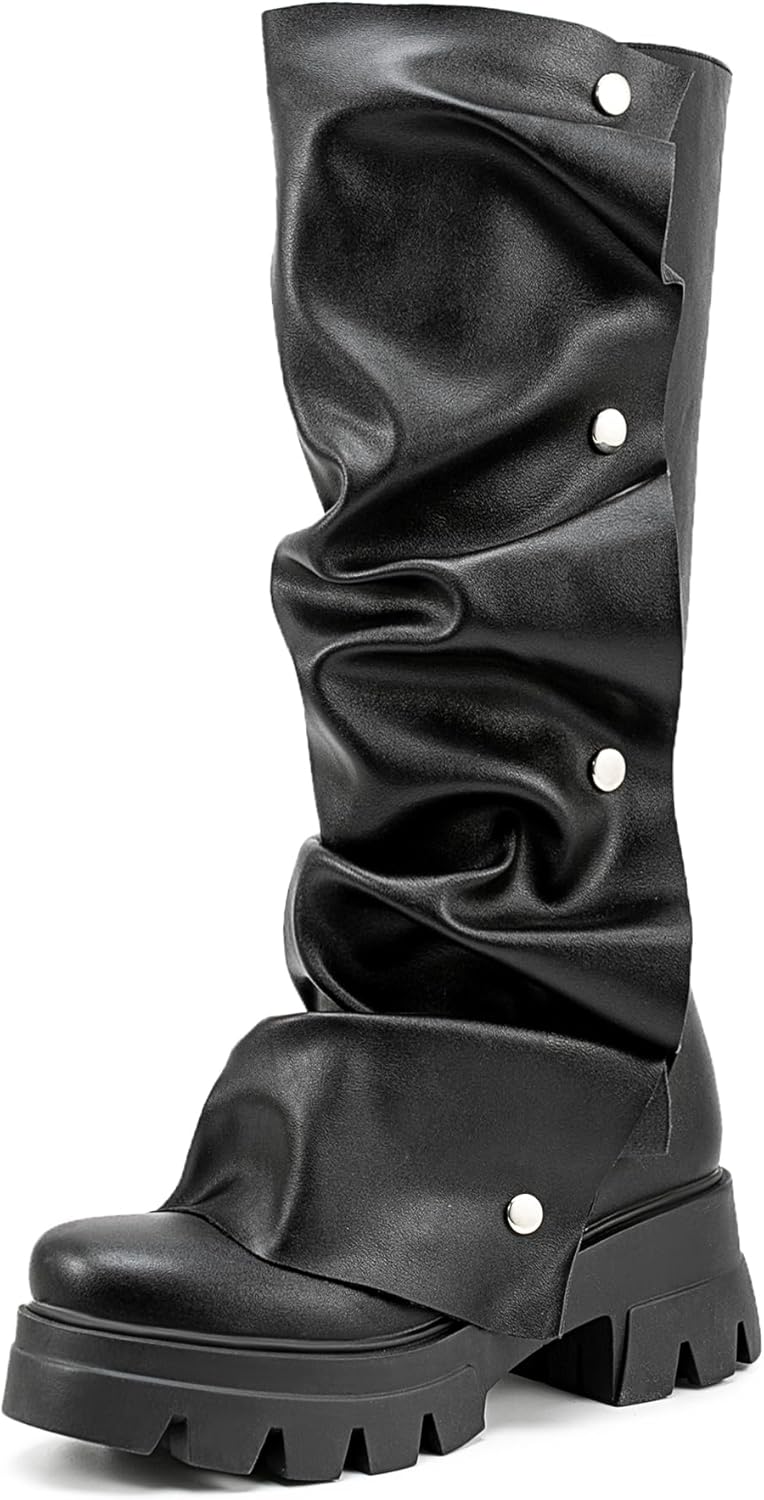 Atuelang Women's Slouchy Fold Over Platform Boots Mid Calf Pull On Fashion Snap Button Boots - Image 4