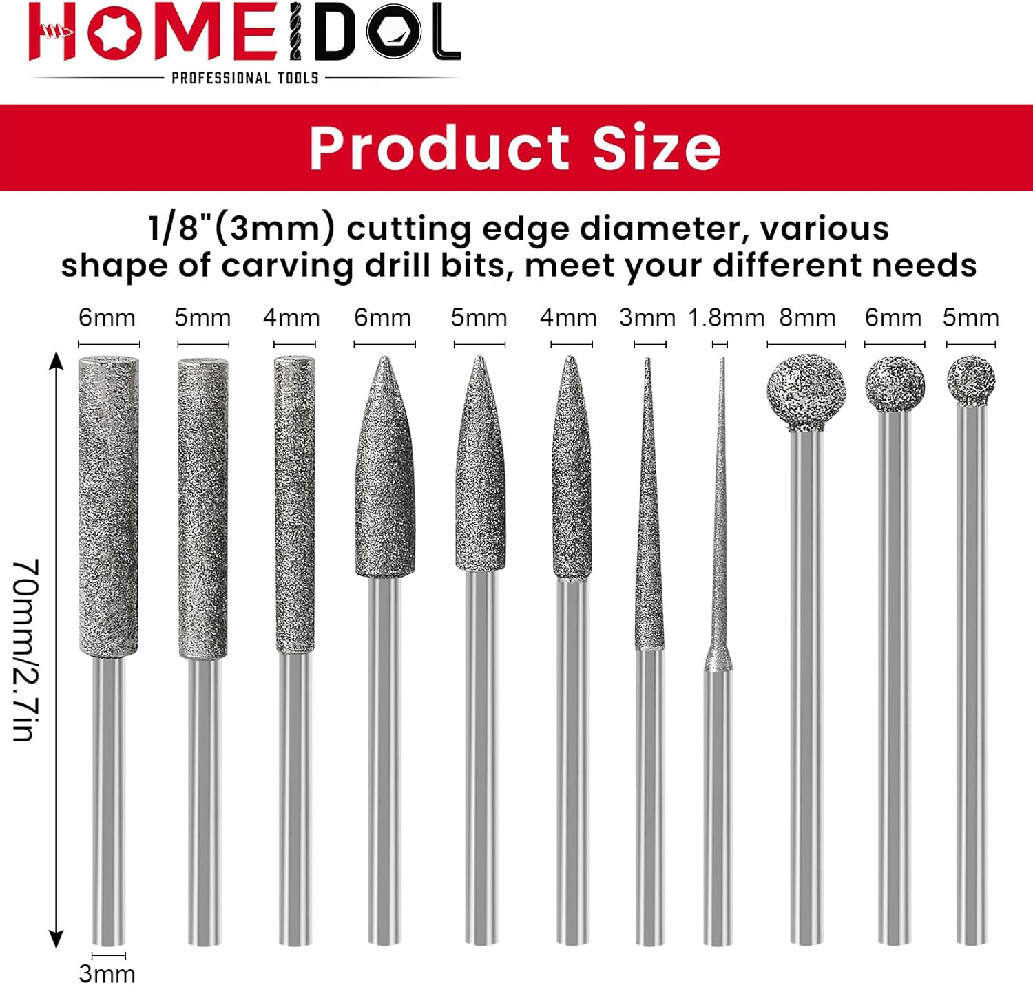 Stone Carving Set Diamond Burr Bits Compatible with Dremel, 11PCS Polishing Kits Rotary Tools Accessories with 1/8’ Shank For Carving, Engraving, Grinding, Stone, Rocks, Jewelry, Glass, Ceramics
