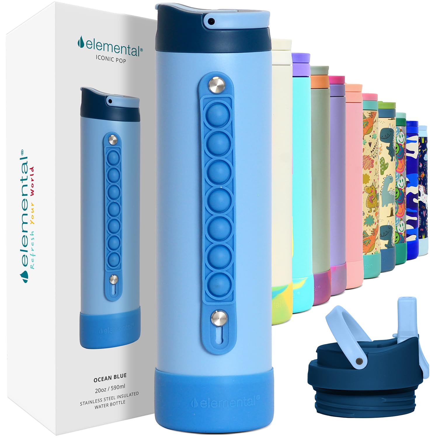 Elemental Iconic Kids Water Bottle with Straw Lid & Stress Reliever Pop It Handle, Leak-Proof When Closed, Triple Insulated Stainless Steel Reusable Thermos Water Bottle, 20oz - Ocean Blue