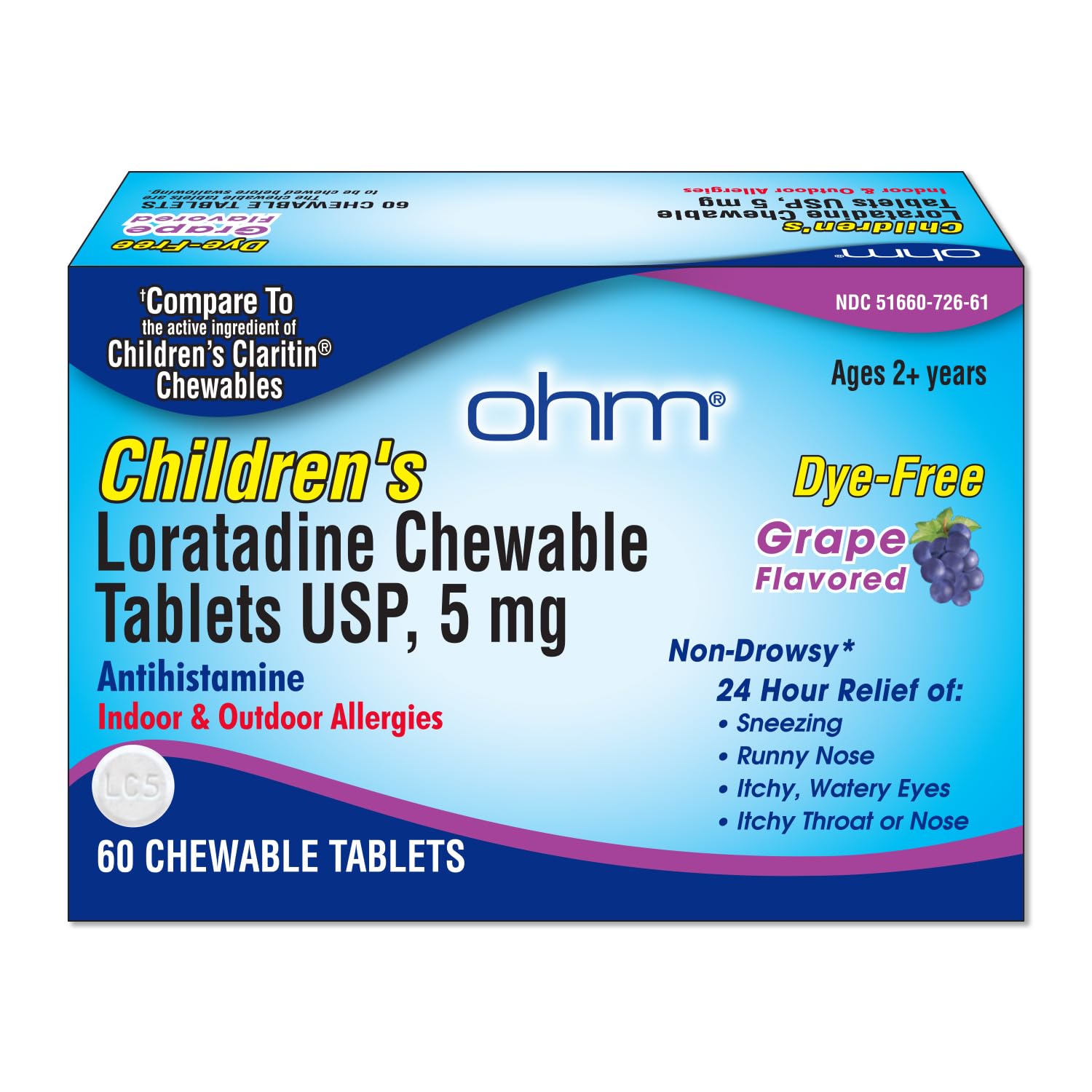 Ohm Children's Loratadine 5mg Chewable Tablets, 60 Count