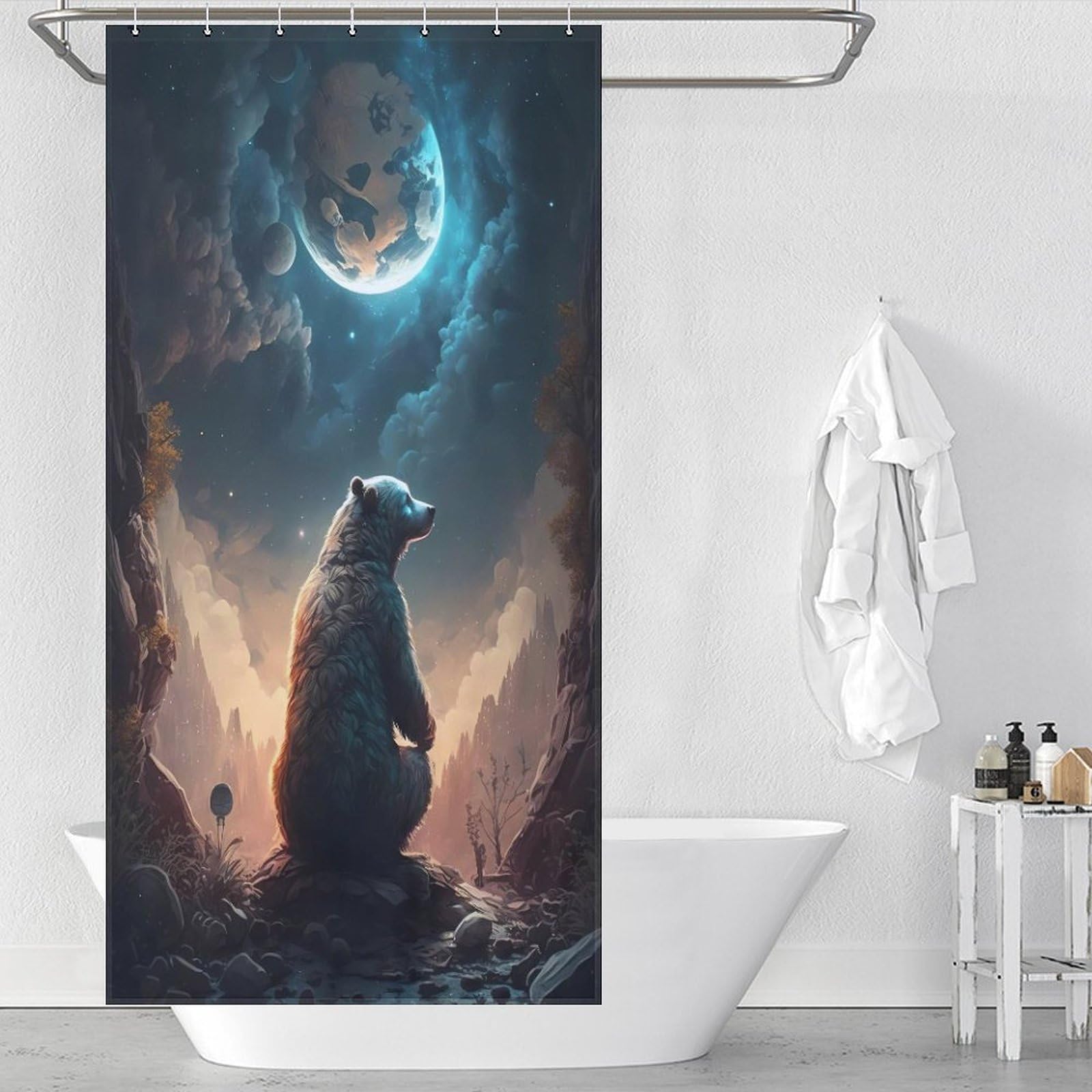 Rideau de douche ours en tissu polyester étanche, finition textile premium pour salle de bain