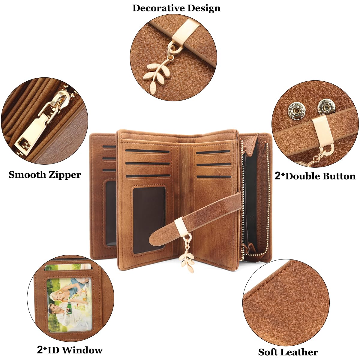 Portefeuille Femme en Cuir PU Petit Porte Monnaie Blocage RFIDFeuilles pour Femme Pochette 17 Emplacements de Cartes et Zippé Porte à Monnaie Porte Feuilles pour Femmes Court (Brun)