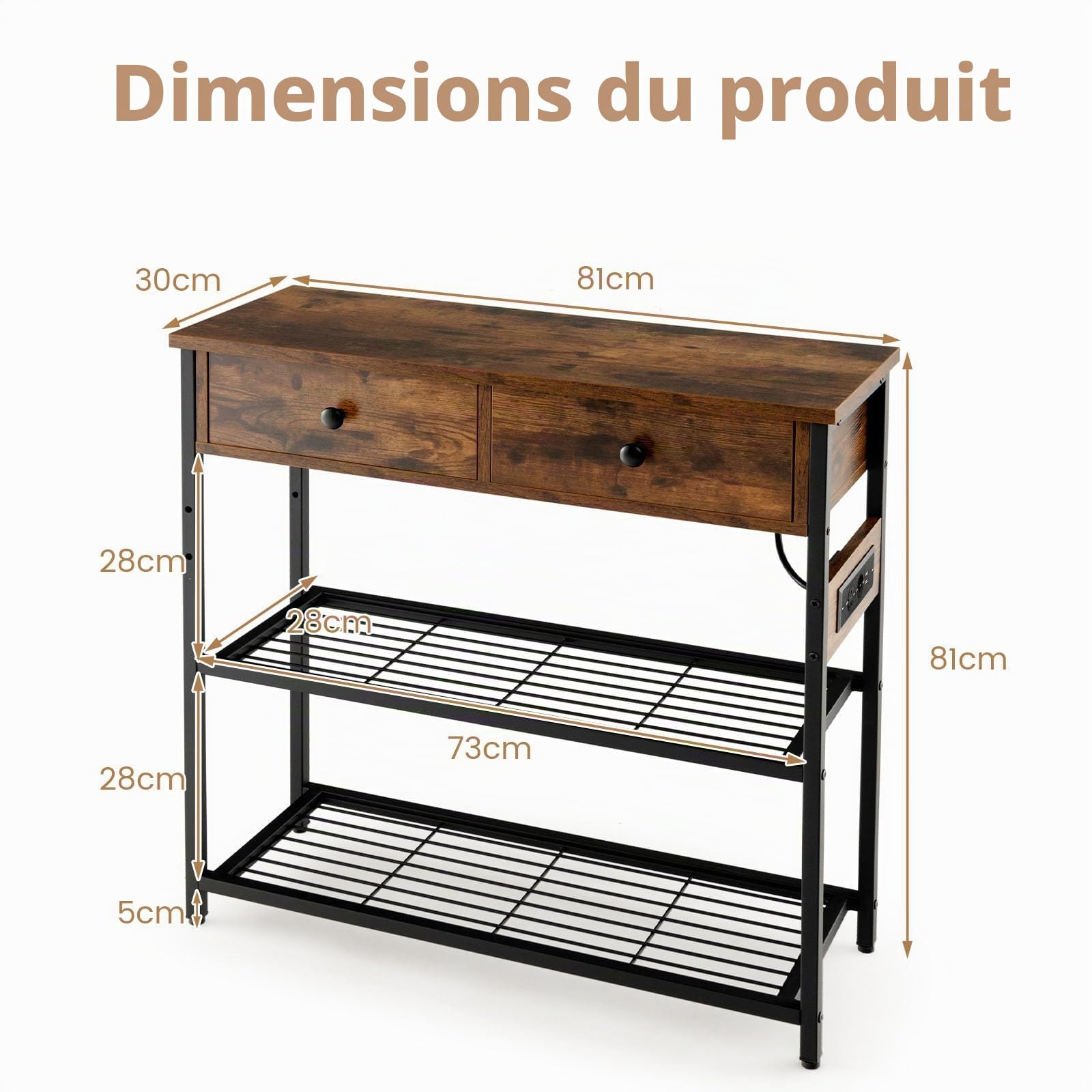 LIFEZEAL Table Console avec Prise de Courant et Ports USB, Table de Couloir Industrielle Ports USB, Meuble d’Entrée avec 2 Tiroirs, 81 x 30 x 81 cm, Marron+Noir