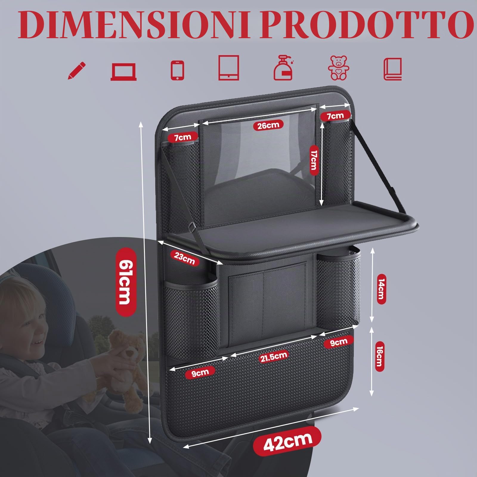 Organizer Sedile Auto, Proteggi Sedile Auto Bambini Posteriore, Impermeabile Organizer Macchina con Tavolo Pieghevole, Vano porta Tablet/Telefono e 9 Tasche, 42 x 61 cm (2 Pezzi)