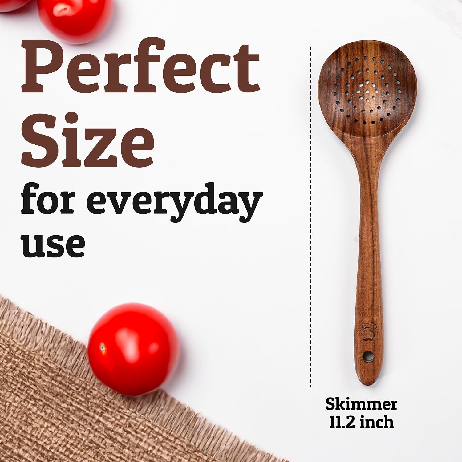 PriorityChef Wooden Slotted Spoon - Premium Teak Cooking Utensil for Frying, Straining & Serving - Long Handle Kitchen Spoon for Nonstick Cookware - Handcrafted Durable Wood image 4