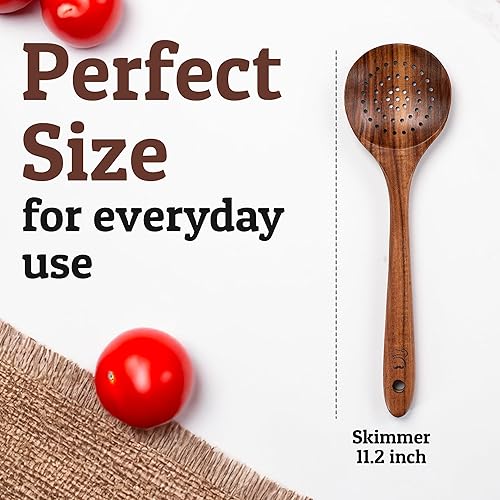 Miniatura 4 de PriorityChef Cuchara Espumadera de Madera  Cuchara Grande Ranurada de Teca para Cocinar o Freír, con Mango Largo, Segura para Antiadherente y