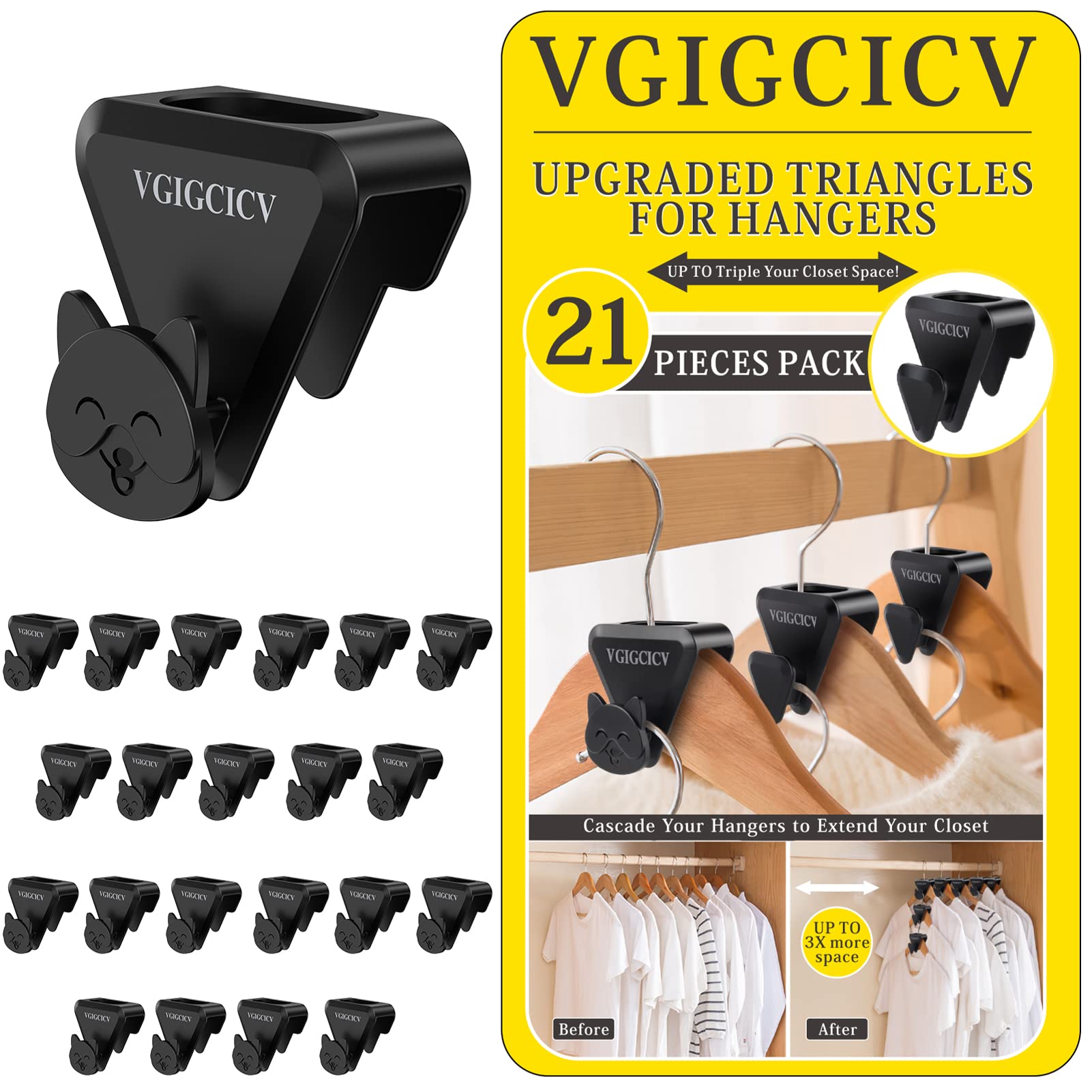 Upgraded Hangers Space Saving Extender,Clothes Hangers Hooks for Home and Commercial Use,Plastic Space Saver Organizer for Closet,Wardrobe Coat Hanger Connectors for Space Saving-Doggie Black 21 Pack