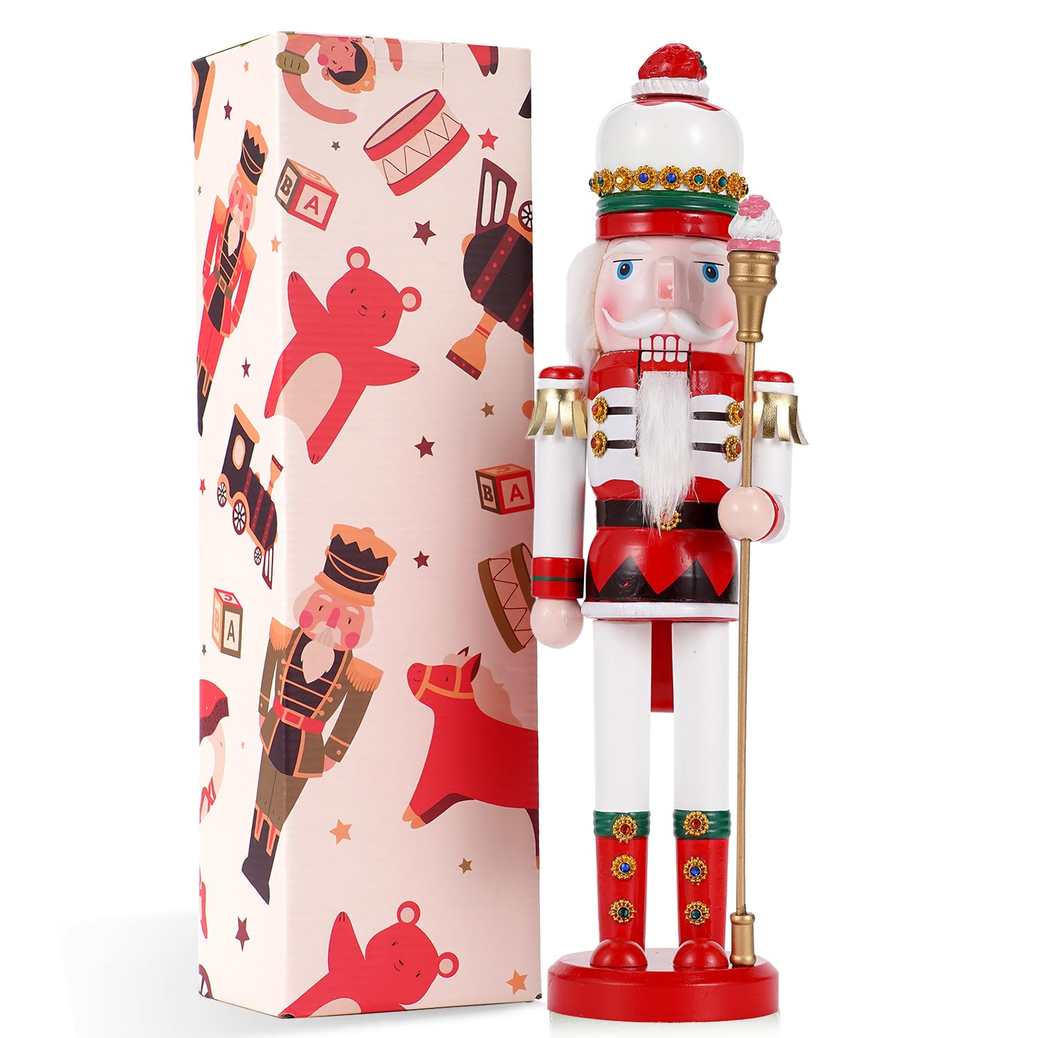 Schiaccianoci gigante da 38 cm (15") con bastoncino di zucchero e gelato - Figura da collezione in legno - Decorazione natalizia creativa per casa, feste o come regalo (versione gelato)