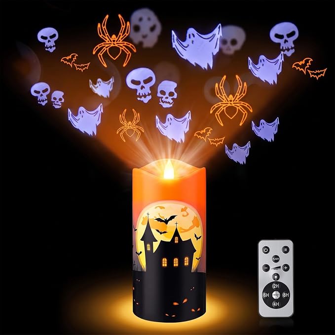 Halloween Flameless Projector Candle Light with Control, Skeleton, Spider