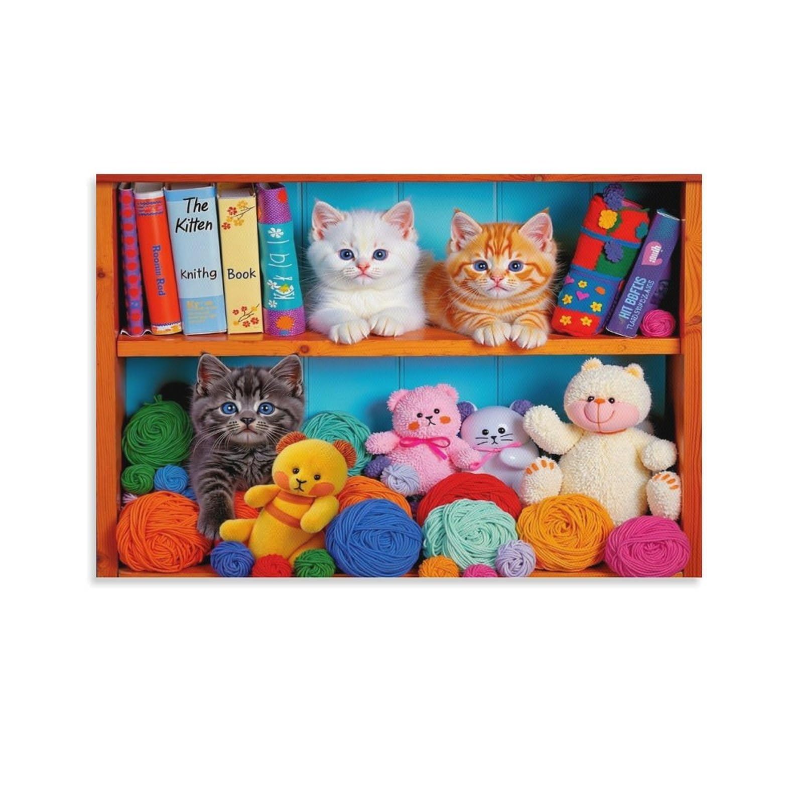 CPLVKWRQJ Cute Kitten Collection 1 Piece Kittens Shelf Yarn Plush Toys Canvas Wall Hanging - Living Room Gallery Wall Focal Point Fade Resistant Decor 24x36inch(60x90cm)