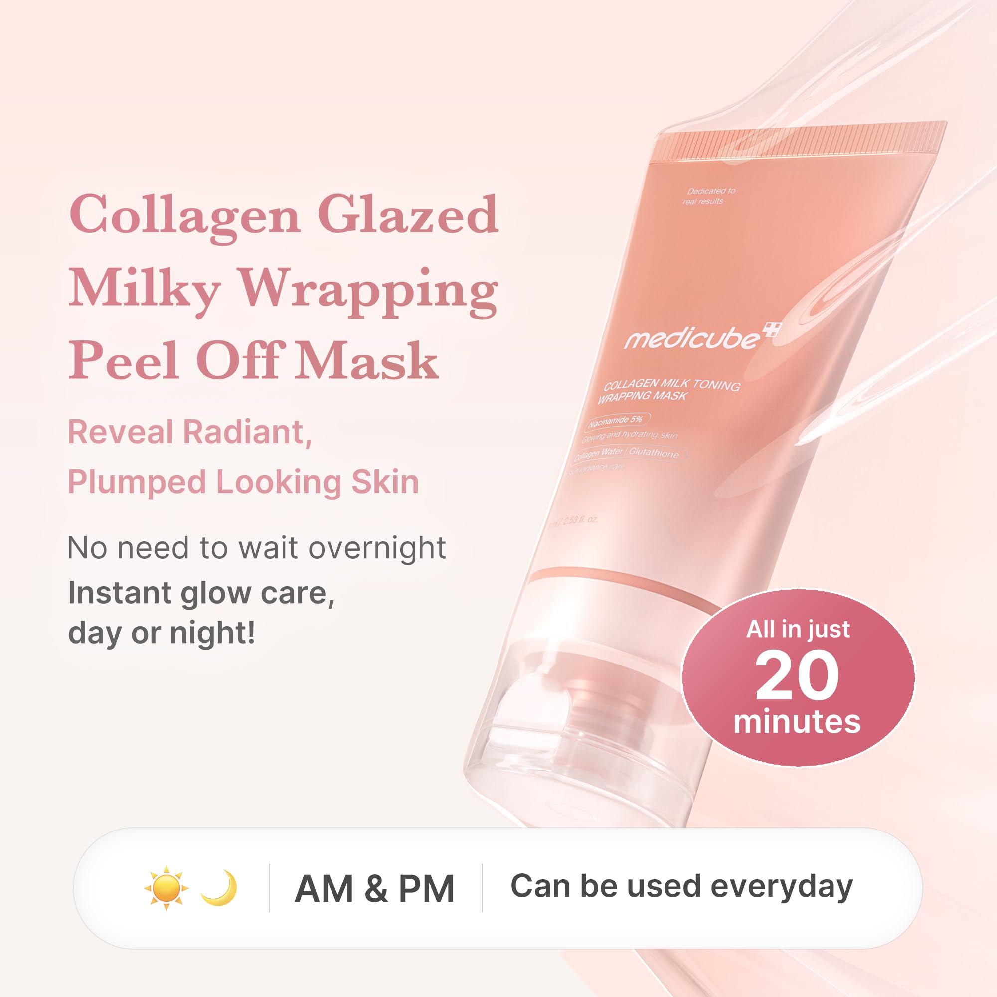 medicube Wrapping Mask Collagen Glazed Milky Glow Daytime Peel Off Mask | Quick and Easy Care with Glutathione, Niacinamide for Plumped, Hydrated & Smooth Skin | Korean Skin Care, 2.53 fl.oz