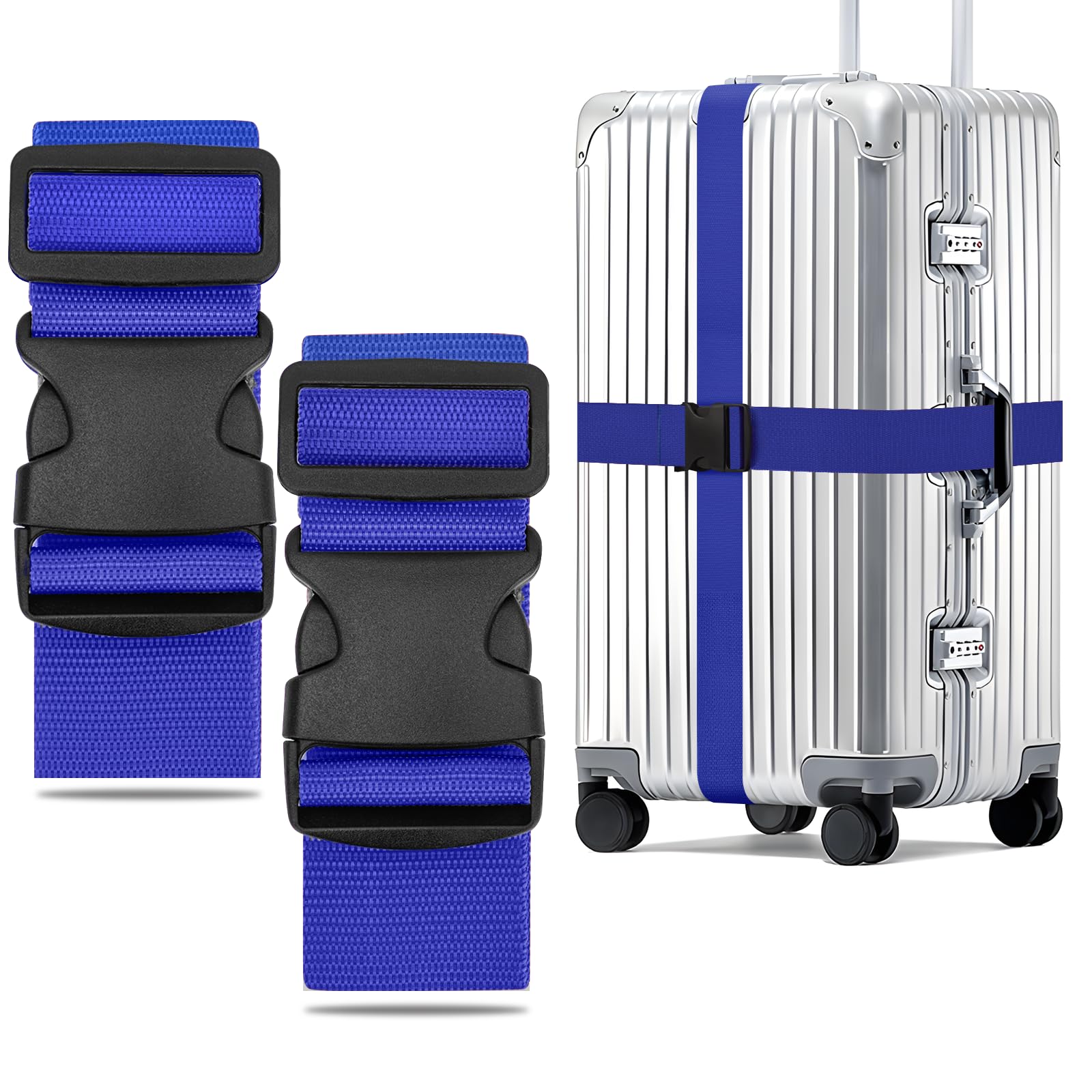 WISYOK Koffergurt 2 Stück, Kofferband Gurt Auffällig, Erweiterte Koffergurte Maximal 250cm, Sicher Kofferbänder, Robuster Koffer Gurtband, Luggage Strap für Reisen und Flugreise (Blau)