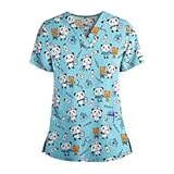 PETYCZEN Womens Scrub Tops Cute Animals Print V Neck Short Sleeve Shirts Stretch Nurse Uniform Medical Scrubs with Pockets