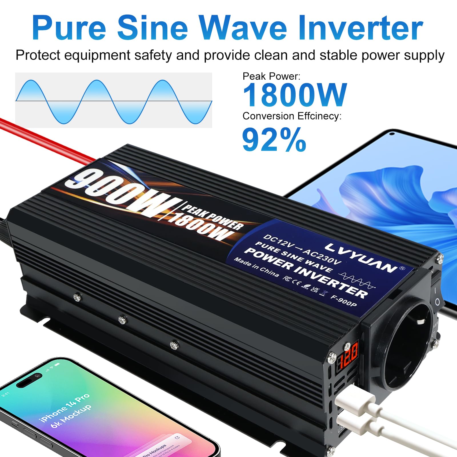 LVYUAN Convertisseur 12V 220V 900W/ 1800W Pur Sinus Onduleur à Onde Sinusoïdale Pure avec 1 Prise UE et 2 Ports USB, convertisseur de Courant pour Voiture, Caravane, Bateau, Camping
