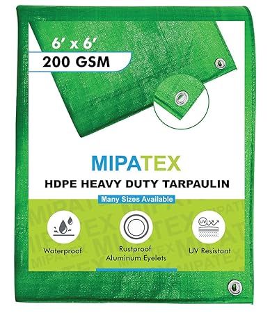 Mipatex Tarpaulin Sheet Waterproof Heavy Duty 6ft x 6ft, Poly Tarp with Aluminium Eyelets Every 3 feet - Multipurpose 200 GSM Plastic Cover for Truck, Roof, Rain, Outdoor or Sun (Green/White)