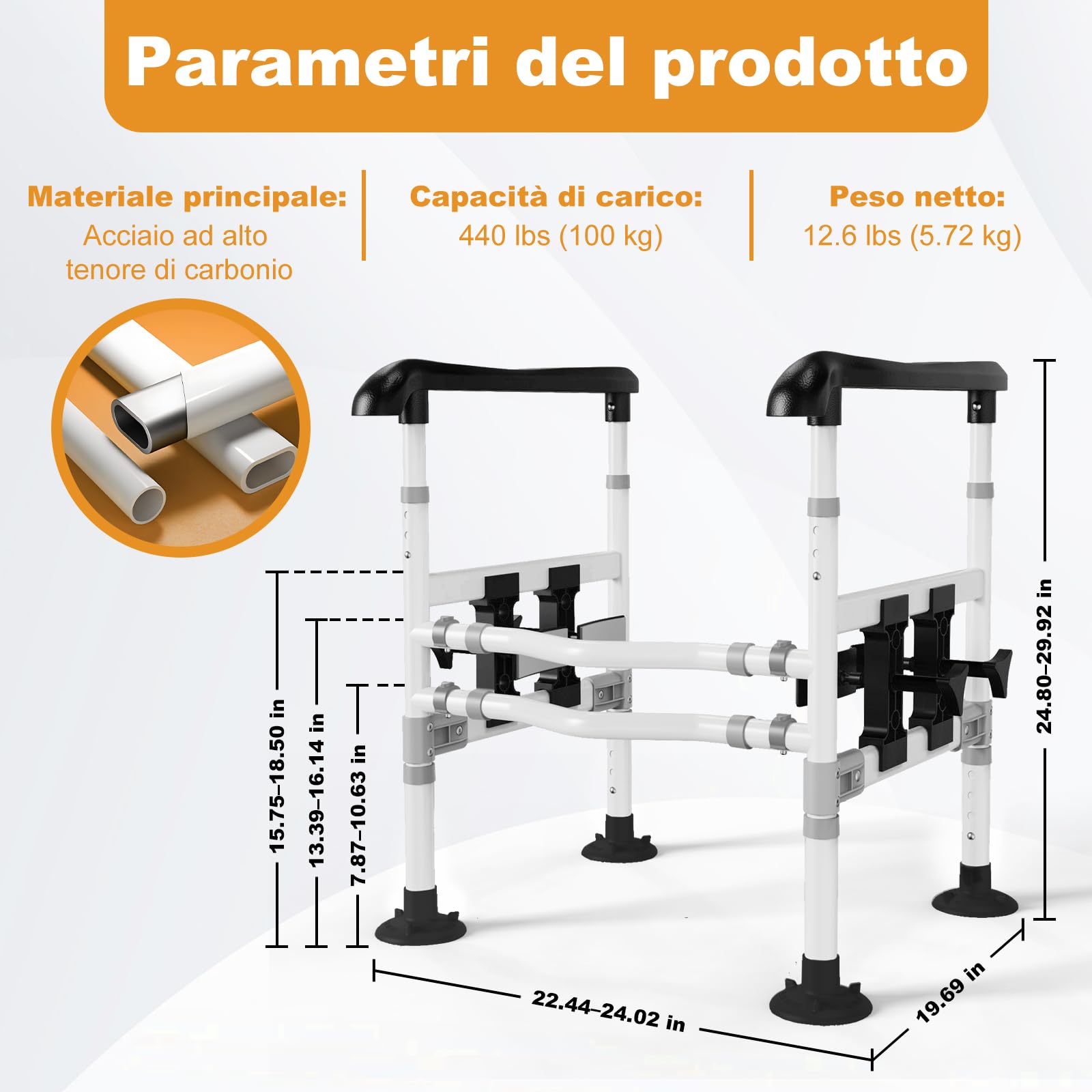 supregear Telaio WC per anziani e disabili, altezza e larghezza regolabili, maniglie antiscivolo con ventose, compatibile con la maggior parte dei WC, facile da montare, Nero