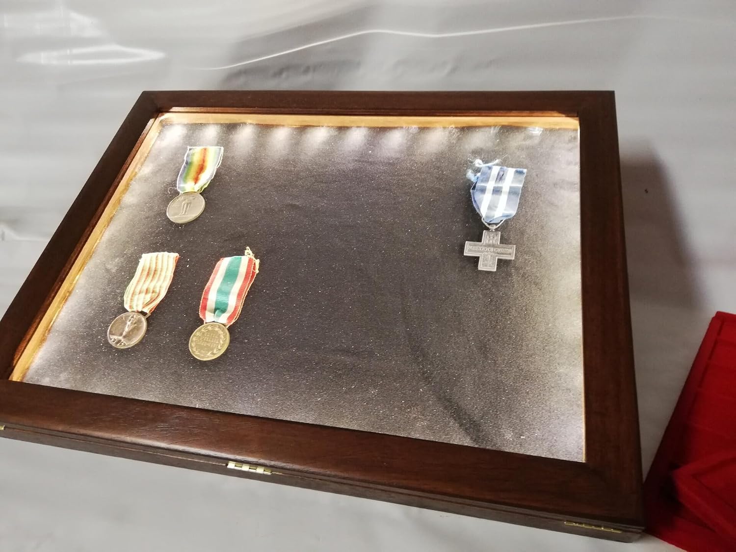 Coin Display Case Wood LED Light Display case with Plexiglass Cover Velvet Interior 45° Stand for Coins Medals Collectibles Customizable