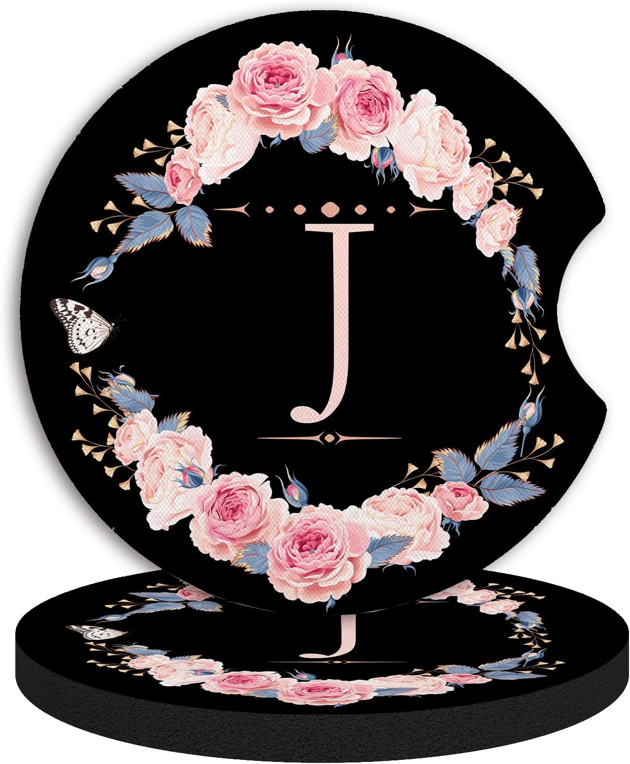 2pcs Letter J Car Coasters,Absorbent Universal neoprener Cup Holder Coasters with a Finger Notch,Car Accessories for Women&Man Interior，2.75"