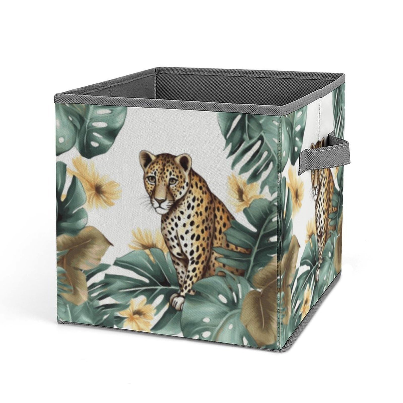 JTREHY Leopard And Palm Leaves Storage Bins Sturdy Large Capacity Folding Sorting Boxes Convenient Stable Storage Box Collapsible Fabric Storages Cubes Organizer with Handles