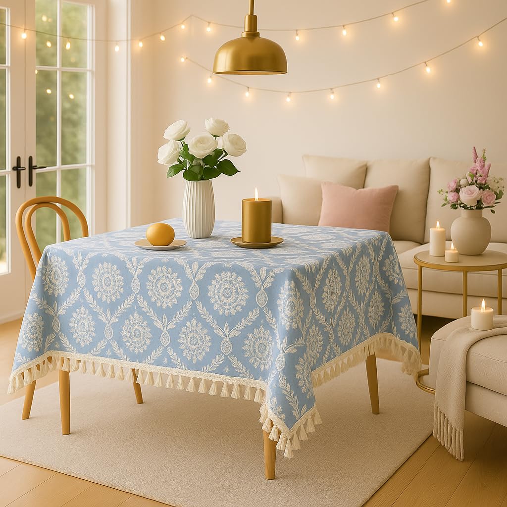 WWW.THROWPILLOW.IN Powder Blue Floral Tassel Boho Printed Dining Table Cover Rectangle Shape 52"x 120", Anti Skid Table Cloth for 7 Feet Center Coffee Table Cover|Living Room Diwali Decor 4