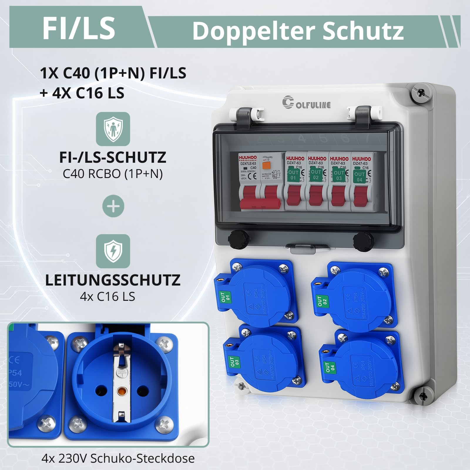 COLFULINE Baustromverteiler mit LS/FI, Vorverdrahtet & Wasserdicht IP66 | Stromverteiler 4x 230V Schuko-Steckdosen 16A, Verdrahtungshinweis, Flammhemmende ABS, für Werkstatt Baustelle Innen & Außen