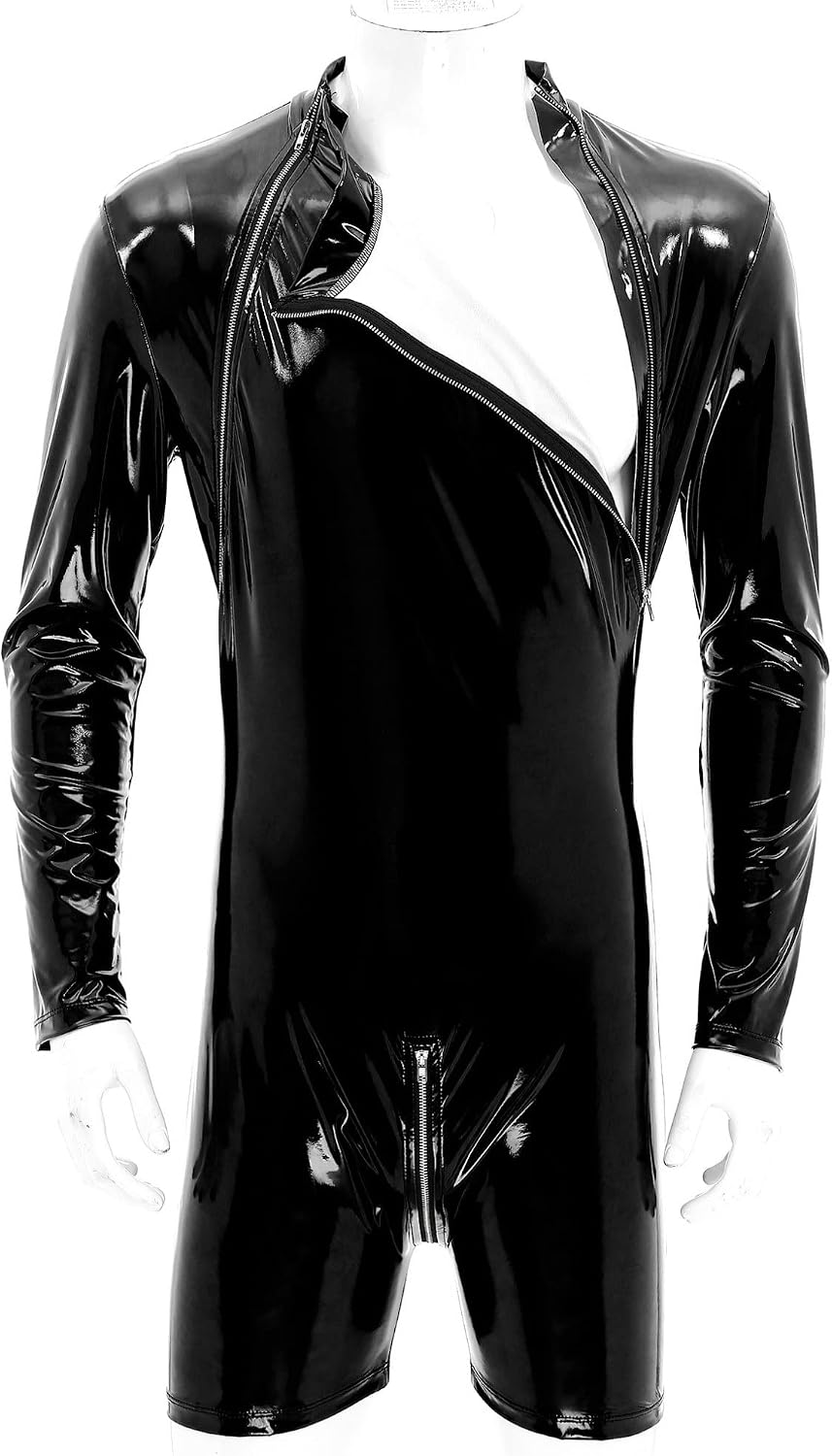 YiZYiF Mens Shiny Latex Catsuit Jumpsuit Slim Fit Long Sleeve Zipper Boxer Bodysuit Leotard Clubwear