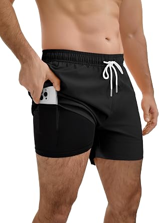 YnimioAOX Men Swim Trunks 5" Compression Liner Bathing Suit | 2 in 1 Board Swimming Shorts, Quick Dry Water Resistant, Phone Pocket, Drawstring Waist, No Chafing Lined, Summer Beach
