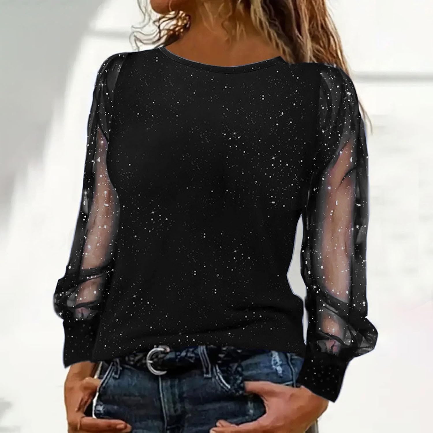 Sequin Tops for Women Long Mesh Sleeve Sparkly Sequined Shirt Elegant Crew Neck Party Blouse for Evening Casual Blouses - Image 2