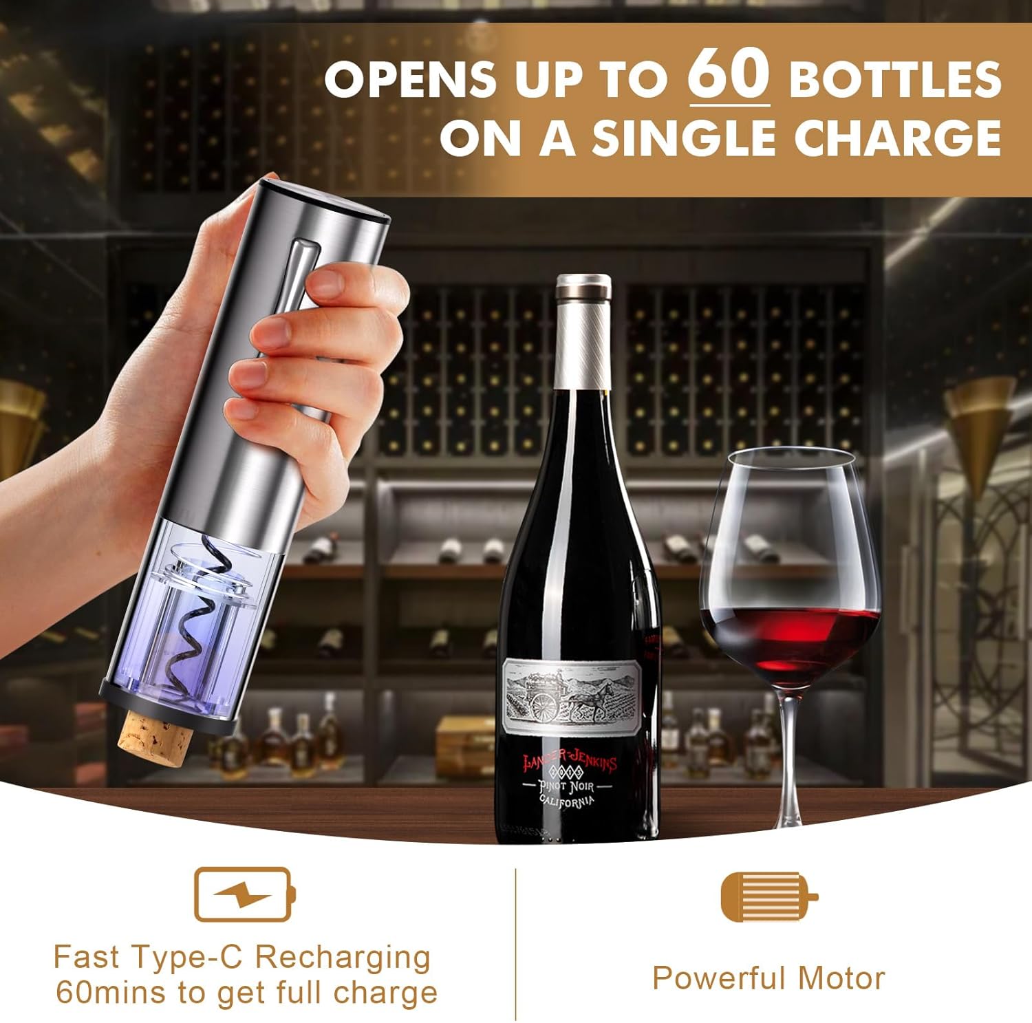 Rechargeable Electric Wine Opener 5-In-1 Set, Stainless Steel Automatic Wine Opener with Electric Wine Aerator, Foil Cutter, Wine Stopper & Base, Elegant Gift Box for Birthday, Housewarming, Christmas