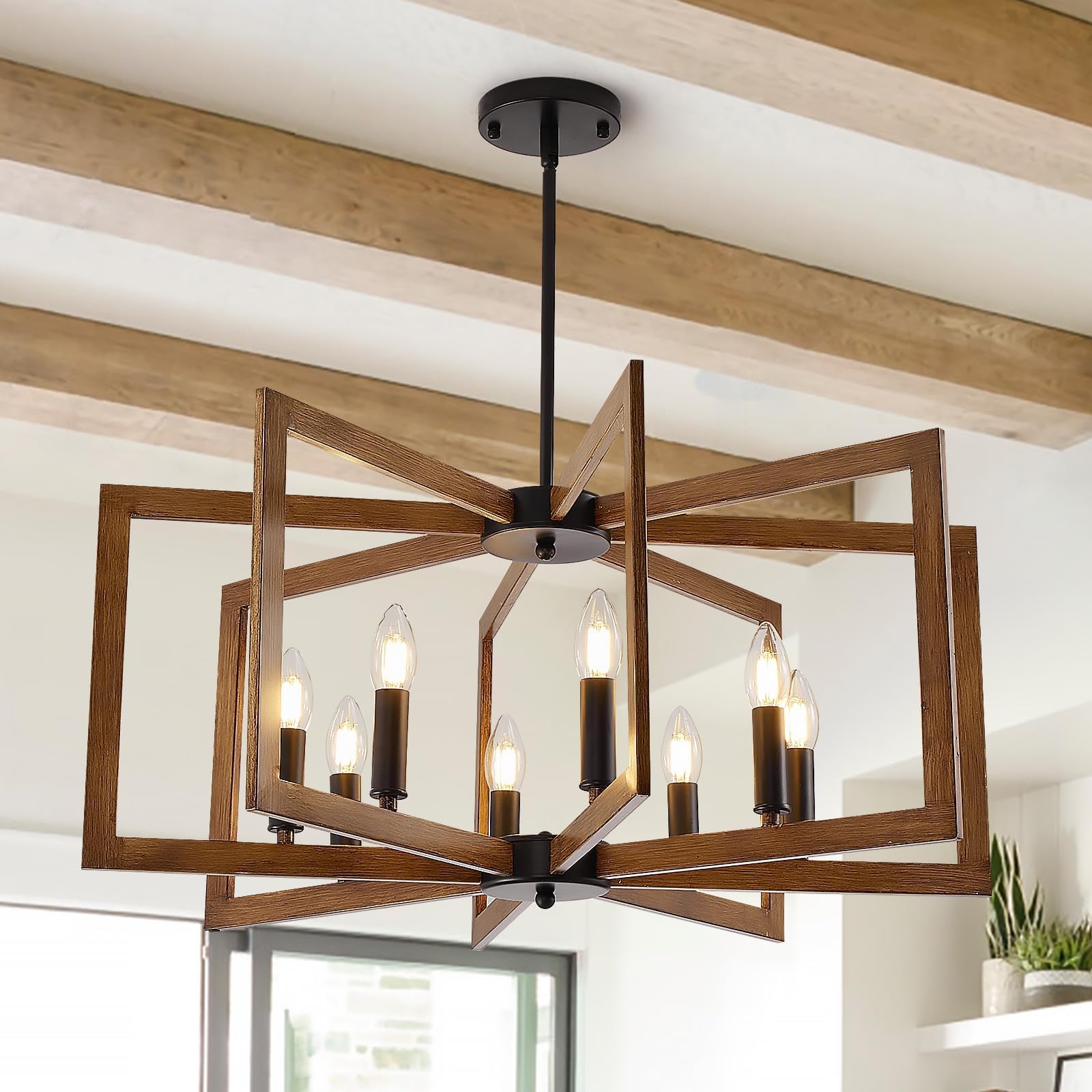 Hvkvhvy Wood Vintage Chandeliers Ceiling Light,E14 Geometric Farmhouse Pendant Light 8 Light Industrial Metal Ceiling Lights Living Room For Kitchen Island Hallway Dining Room Entryway (Black,)