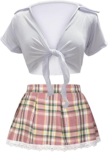 Vista 27 de Lencería para mujer, sexy, traviesa, colegiala, cosplay, juego de rol, conjunto de ropa de noche con minifalda a cuadros