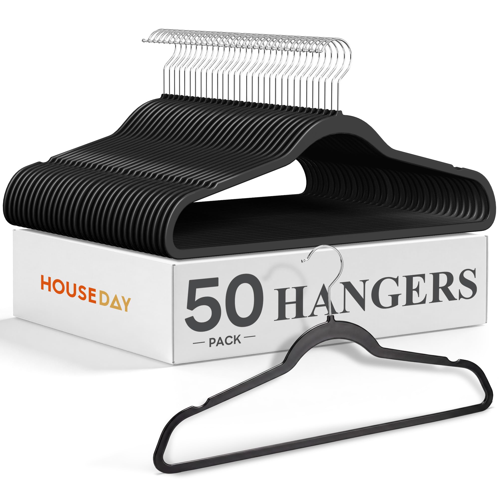HOUSE DAY Pack de 50 perchas de plástico resistente, 0,5 cm, ultrafinas, ahorran espacio, sin pelusa y se pueden limpiar con un gancho giratorio de 360°, ideal para trajes, abrigos y camisas, color
