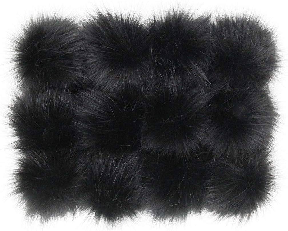 DIY 12pcs Faux Fox Fur Fluffy Pompom Ball with Elastic Mini Loop for Hats Shoes Scarves Bag Charms Accessorie 3.9in (Black)